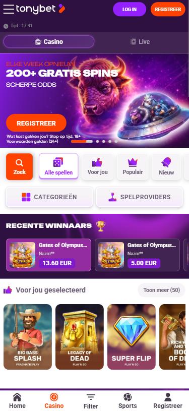 Tonybet Casino mobile lobby