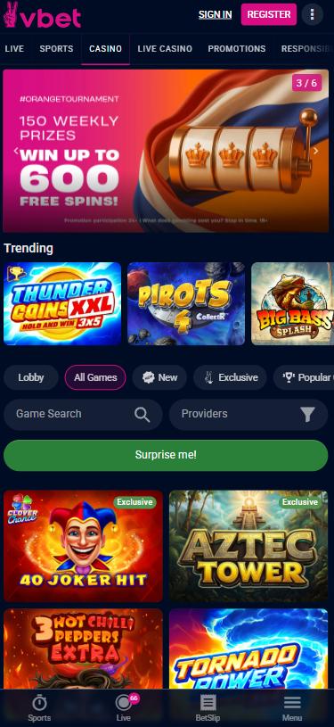 Vbet.nl mobile lobby